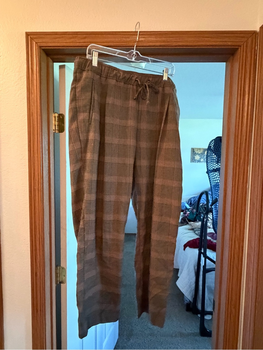 Womens Brown Plaid Drawstring  Ankle Pants